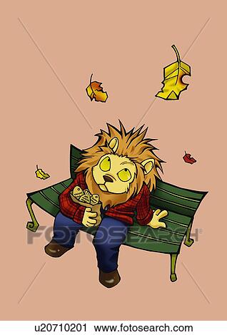 Clip Art - Lion sitting on bench and looking up, high angle view, brown background. Fotosearch