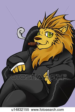 lion smoking sitting chair illustration front background blue fotosearch