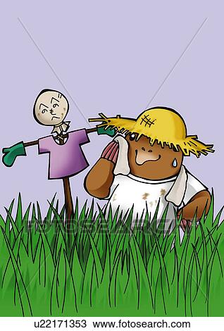 Drawing - Mole and scarecrow in the field, front view, purple background. Fotosearch
