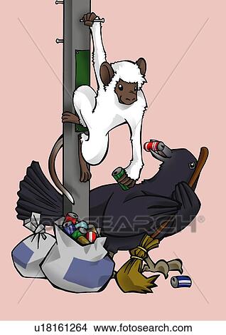 Stock Illustration - Monkey and crow cleaning together, front view, side view, pink background. Fotosearch