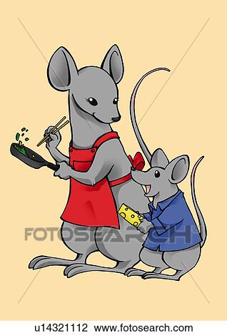 Mouse cooking and looking at its child that holding a piece of cheese, side view, orange background View Large Illustration Drawing - Mouse cooking and looking at its child that holding a piece of cheese, side view, orange background. Fotosearch