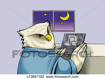 Drawing - Owl using laptop, side view, blue background. Fotosearch