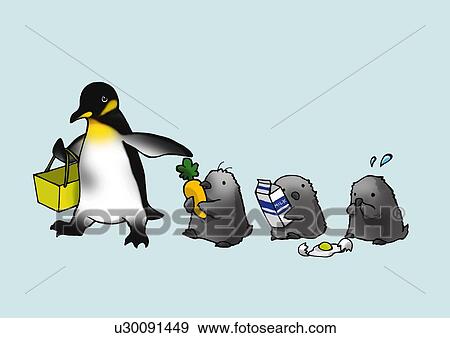 Stock Illustration - Penguin family walking in line, front view, blue background. Fotosearch