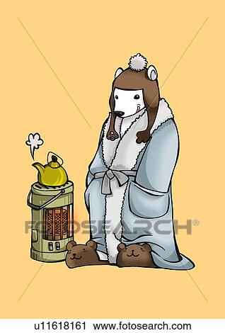 Clip Art - Polar bear in evening gown standing beside heater, front view, orange background. Fotosearch