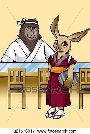 Stock Illustration - Rabbit and gorilla working in Sushi bar, front view, orange background. Fotosearch