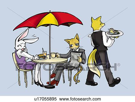 Stock Illustration - Rabbit, cat and fox in cafeteria, side view, rear view, blue background. Fotosearch