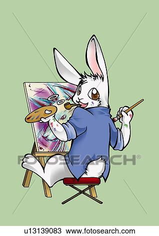 Drawing - Rabbit painting, rear view, green background. Fotosearch