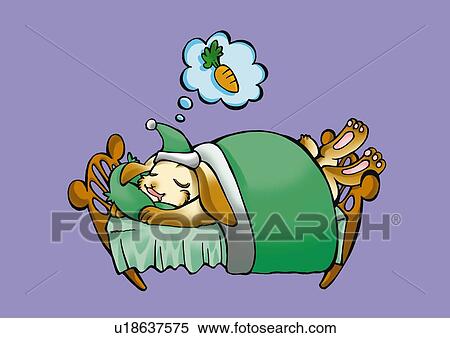 Stock Illustration - Rabbit sleeping in bed and dreaming carrot, side view, blue background. Fotosearch