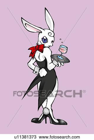Rabbit winking and holding tray with a glass, rear view, purple background View Large Illustration Drawing - Rabbit winking and holding tray with a glass, rear view, purple background. Fotosearch