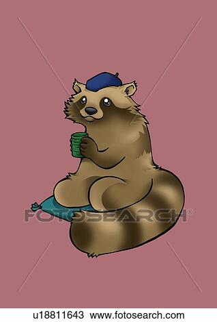 Drawing - Raccoon sitting and holding a cup of tea, front view, pink background. Fotosearch