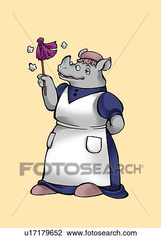 Drawing - Rhinoceros cleaning, front view, pink background. Fotosearch