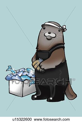 Clipart - Sea otter holding clams and standing beside box filled with fishes, front view, blue background. Fotosearch