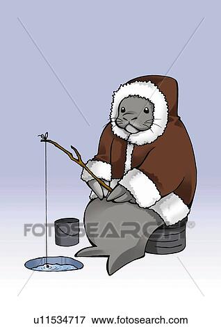 Seal sitting and fishing, front view, blue background View Large Illustration Stock Illustration - Seal sitting and fishing, front view, blue background. Fotosearch