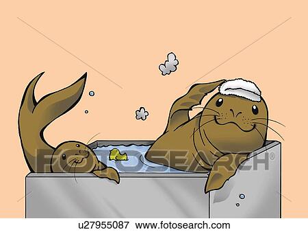 Stock Illustration - Seals in hot tub, side view, pink background. Fotosearch