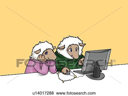 Stock Illustration - Sheep couple looking at computer monitor, front view, orange background, copy space. Fotosearch