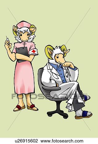 Drawing - Sheep doctor and nurse, side view, front view, green background. Fotosearch