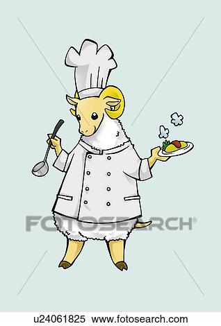 Stock Illustration - Sheep holding a food on plate and ladle, front view, blue background. Fotosearch