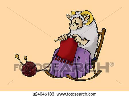 Sheep knitting on chair, side view, pink background View Large Illustration Drawing - Sheep knitting on chair, side view, pink background. Fotosearch