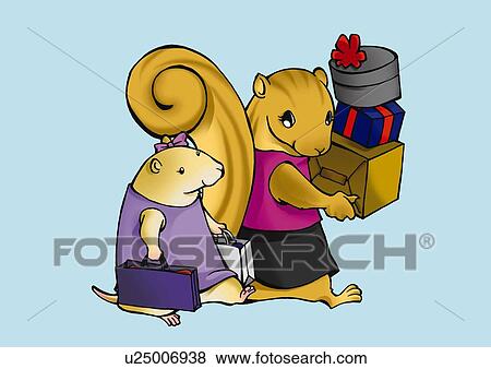 Squirrel and hamster bringing bags and boxes, side view, blue background View Large Illustration Stock Illustration - Squirrel and hamster bringing bags and boxes, side view, blue background. Fotosearch