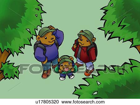 Clipart - Three bears looking up and standing in woods, high angle view. Fotosearch