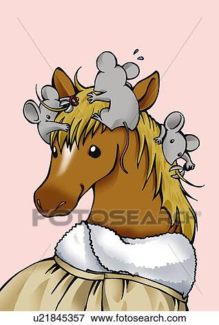 Stock Illustration - Three mouses cutting mane of horse, side view, rear view, pink background. Fotosearch