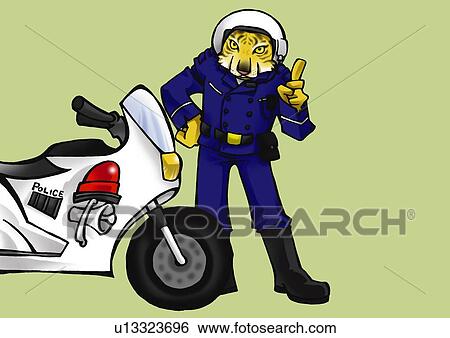 Stock Illustration - Tiger in police officer costume standing beside a motorcycle, front view, green background. Fotosearch