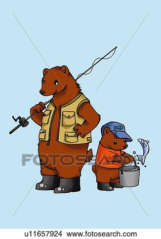 Stock Illustration - Two bears fishing, side view, blue background. Fotosearch