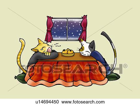 Two cat sitting at Kotatsu, one yawning, side view, gray background View Large Illustration Clipart - Two cat sitting at Kotatsu, one yawning, side view, gray background. Fotosearch