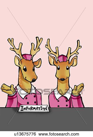 Stock Illustration - Two deers at information counter, front view, pink background. Fotosearch