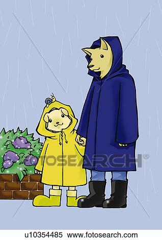 Two dogs in raincoat holding hands, front view, side view, blue background View Large Illustration Stock Illustration - Two dogs in raincoat holding hands, front view, side view, blue background. Fotosearch