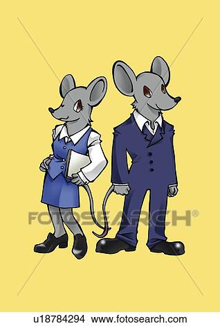 Stock Illustration - Two mouses standing side by side, front view, orange background. Fotosearch