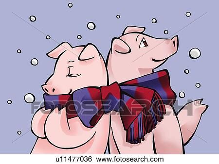 Two pigs wearing a muffler and standing back to back, side view, blue background View Large Illustration Stock Illustration - Two pigs wearing a muffler and standing back to back, side view, blue background. Fotosearch