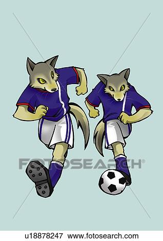 Two wolves playing soccer, front view, blue background View Large Illustration Stock Illustration - Two wolves playing soccer, front view, blue background. Fotosearch