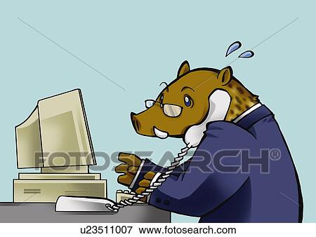 Stock Illustration - Wild boar in suit using phone and computer, side view, blue background. Fotosearch