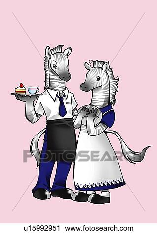 Clip Art - Zebra holding tray with a cup and cake, front view, pink background. Fotosearch