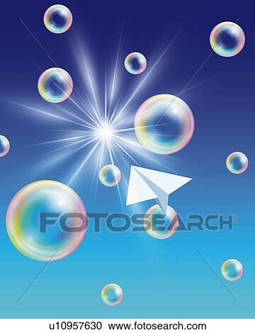 Clipart - Bubbles and Paper Airplane, CG, 3D, Low Angle View, Lens Flare. Fotosearch