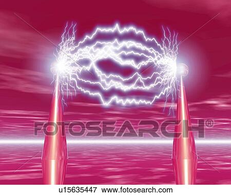Stock Illustration - Columns and Thunder, CG, 3D, Low Angle View. Fotosearch