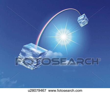 Cubes and Rainbow, CG, 3D, Low Angle View, Lens Flare View Large Illustration Stock Illustration - Cubes and Rainbow, CG, 3D, Low Angle View, Lens Flare. Fotosearch