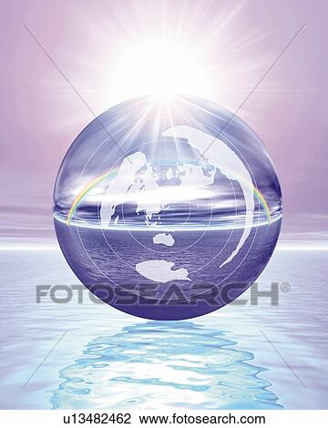 Drawing - Globe floating on Water, CG, 3D, Lens Flare. Fotosearch
