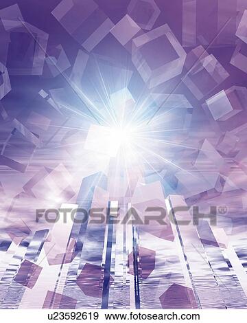 Skyscrapers and Cubes, CG, 3D, Low Angle View, Lens Flare View Large Illustration Stock Illustration - Skyscrapers and Cubes, CG, 3D, Low Angle View, Lens Flare. Fotosearch