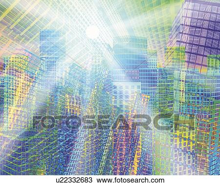 Skyscrapers and Light, CG, 3D, Lens Flare View Large Illustration Drawing - Skyscrapers and Light, CG, 3D, Lens Flare. Fotosearch