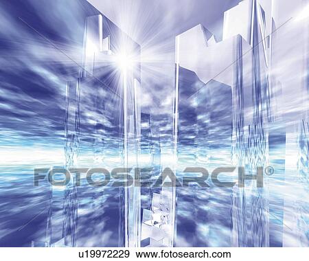 Skyscrapers and Light, CG, 3D, Lens Flare View Large Illustration Stock Illustration - Skyscrapers and Light, CG, 3D, Lens Flare. Fotosearch