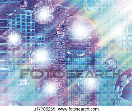 Stock Illustration - Skyscrapers and Spheres, CG, 3D, Lens Flare. Fotosearch