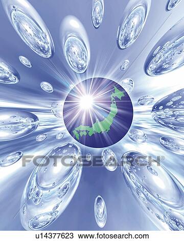Drawing - Spheres and Japan Map, CG, 3D, Lens Flare. Fotosearch