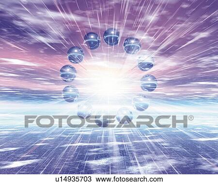 Spheres forming Circle, CG, 3D, Lens Flare View Large Illustration Drawing - Spheres forming Circle, CG, 3D, Lens Flare. Fotosearch