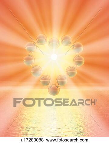 Stock Illustration - Spheres forming Heart, CG, 3D, Lens Flare. Fotosearch