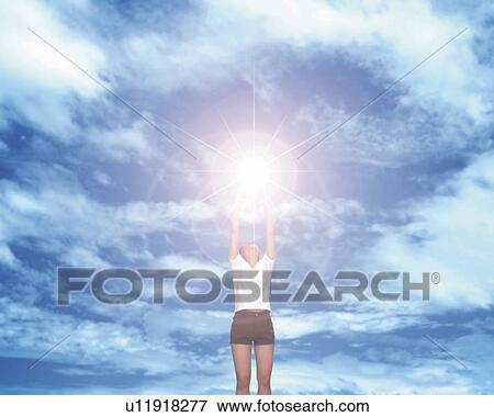 Woman reaching Sunlight, CG, 3D, Composite, Photography, Low Angle View, Lens Flare View Large Illustration Stock Illustration - Woman reaching Sunlight, CG, 3D, Composite, Photography, Low Angle View, Lens Flare. Fotosearch