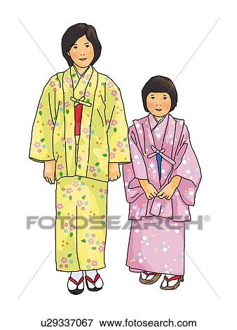 肖像画 の ２ 日本語 女の子 中に 着物 地位 並んで 正面図 白い背景 切りなさい イラスト U Fotosearch