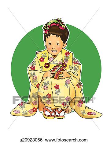肖像画 の A 日本語 女の子 中に 着物 保有物 A 手まり ボール 正面図 白い背景 切りなさい イラスト U Fotosearch