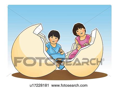 A boy and a girl between cracked eggshell, front view, blue background View Large Illustration Clip Art - A boy and a girl between cracked eggshell, front view, blue background. Fotosearch